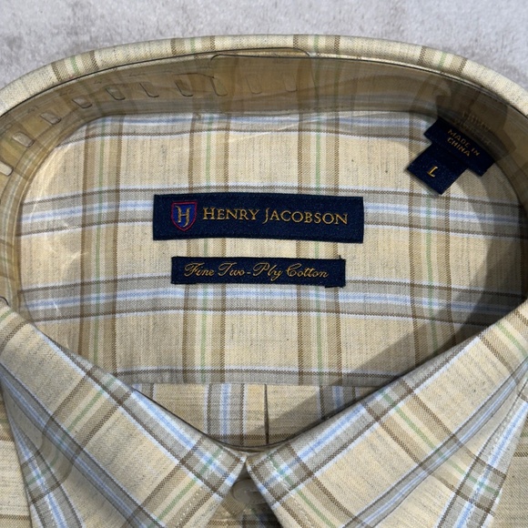 New Henry Jacobson, size Large, 100% cotton tan plaid woven sport shirt - Picture 2 of 5